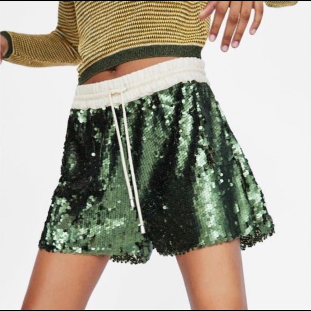 Zara green sequins shorts